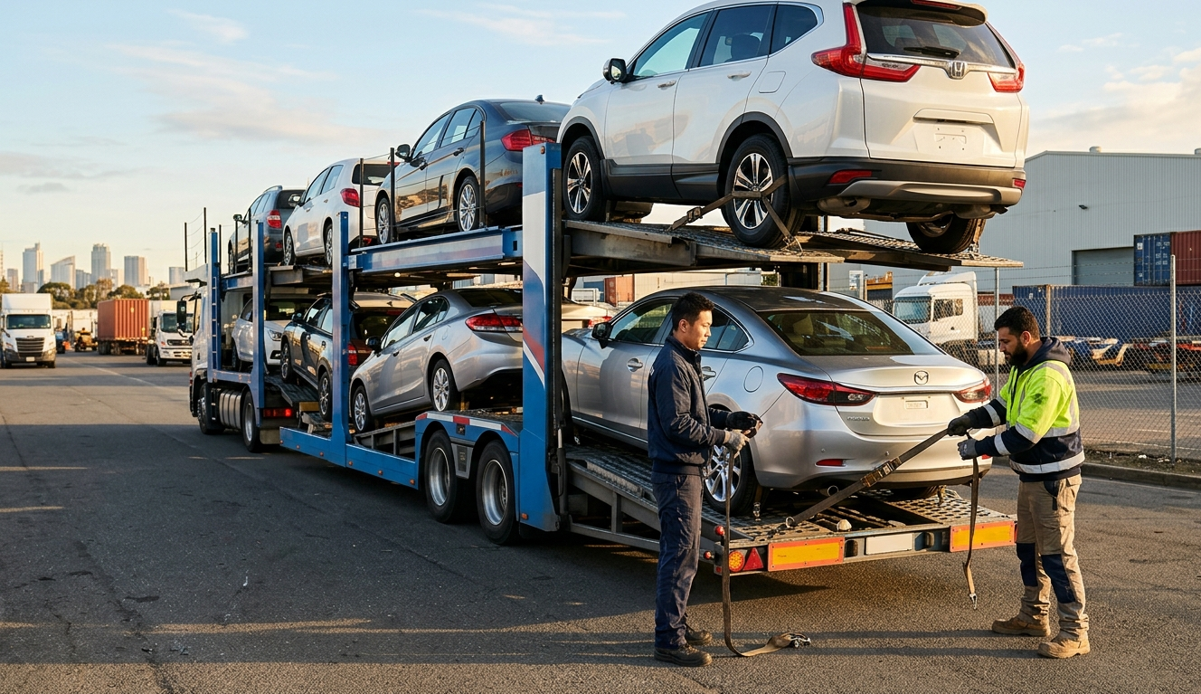 Two transport crew members preparing a multi-car transporter for a nationwide vehicle delivery run across the UK