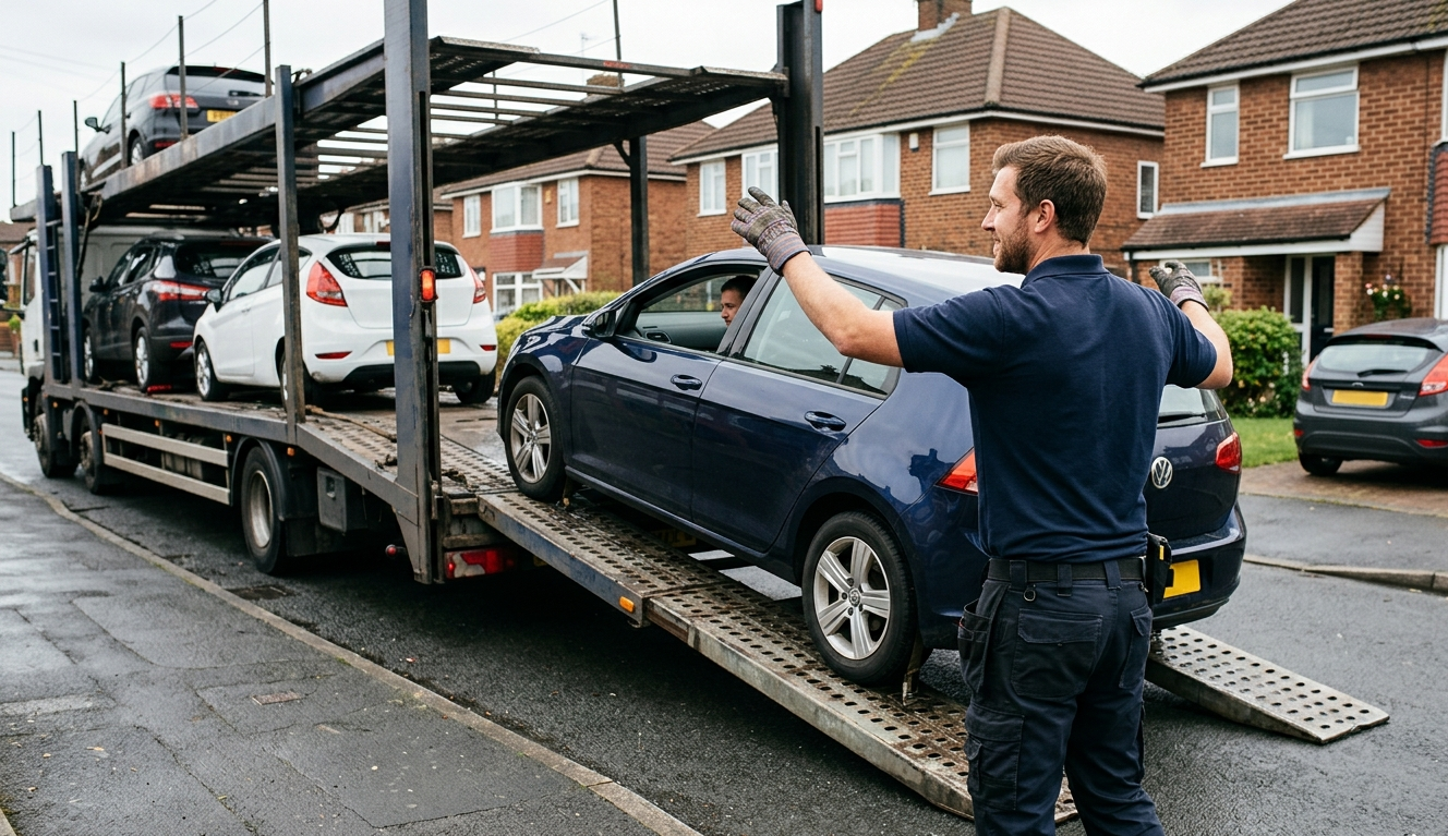 Vehicle transport driver loading a car onto an open car transporter trailer on a UK street for nationwide delivery